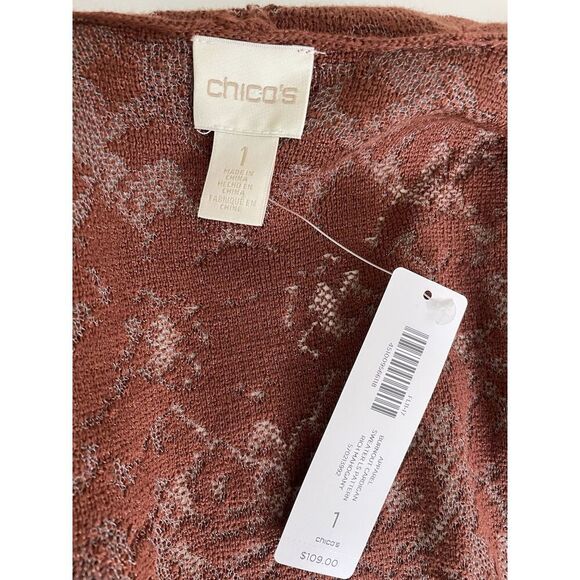 Chico's Size 1 S Burnout Cardigan Rich Mahogany Knit Ruffle Open Front NEW $109 - Picture 8 of 12